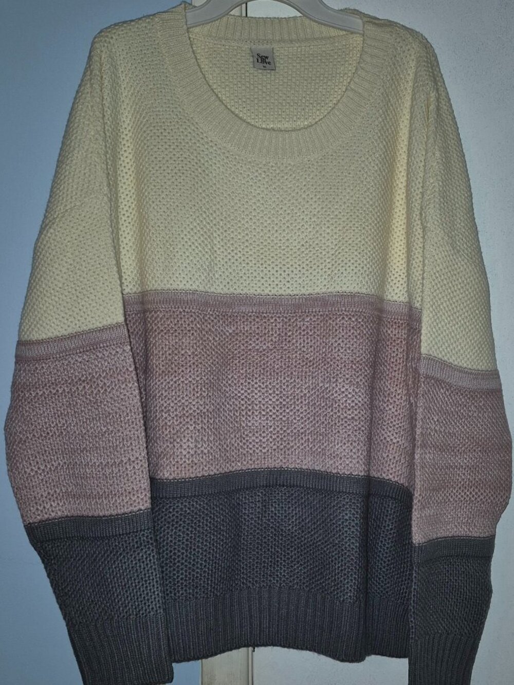 Sew In Love Color Block Knit Sweater Ivory Pink Gray Waffle-Like Crochet Plus 3X